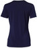 A navy blue ladies' V-neck short sleeve knit top with a smooth finish and a logo.