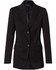 A black mid-length jacket with two buttons and a fitted design. Features pockets and a logo on the label.