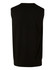 A black men's 100% Merino wool V-neck vest displayed from the back, featuring a simple design and no sleeves.