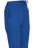 Solid blue ladies' scrub pants with an elastic waistband and side pockets, featuring a logo on the fabric.