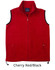 Unisex polar fleece vest in cherry red with black accents, featuring a full zip and two front pockets.