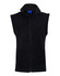 A black polar fleece vest with a zip front and a high collar, featuring a logo.