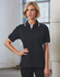 A black unisex polo shirt with white accents and a collar, featuring a logo on the chest.
