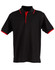 A black polo shirt with red accents on the collar and sleeves, featuring a logo.
