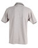 A grey polo shirt with a black collar and trim, featuring a logo on the back.