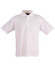 A white traditional polo shirt with a collar and short sleeves, featuring a logo on the chest.