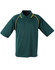 A green polo shirt with yellow accents and a branding logo on the chest. Short sleeves and a classic collar design.