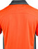 A back view of an orange polo shirt with grey accents and a logo on the collar.