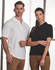 A black polo shirt on a woman and a white polo shirt on a man, both with a logo.