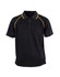 A black children's polo shirt with yellow piping and a collar, featuring buttons and a logo.