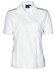 A white polo shirt with short sleeves, featuring a logo and contrasting black side panels.