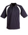 A navy blue polo shirt with white side panels, featuring a collar and three buttons. It has a logo on the chest.