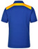 A blue polo shirt featuring an orange-coloured panel across the shoulders, with a logo on the chest.