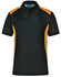 A black and orange polo shirt featuring short sleeves and a collar, with a logo on the upper left side.
