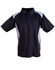 A navy and light blue polo shirt with a collar, short sleeves, and a logo on the chest.