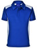A blue children's polo shirt featuring white side panels and a collar, with a branded logo.
