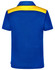 A blue polo shirt with a yellow collar and back section, featuring a logo on the side.