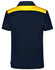 A navy blue polo shirt featuring a yellow accent on the back. It has a collar and short sleeves, with a logo.