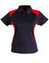 A ladies' polo shirt in navy with red accents, featuring a classic collar and a logo on the chest.