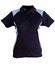 A navy and light blue polo shirt for women, featuring a collar and short sleeves, with a logo on the chest.