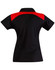 A black polo shirt with red accents, featuring a collar and short sleeves. It has a logo on the back.