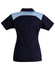 A navy blue polo shirt with light blue accents on the shoulders, featuring a logo.