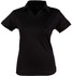 A black polo shirt with a V-neck and short sleeves, featuring a logo on the chest.