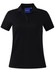 A black short sleeve polo shirt with a collar and button detailing, featuring a logo on the chest.
