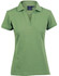 A green ladies’ polo shirt with a collar and a logo on the upper left side.