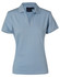 A light blue ladies' polo shirt with a collar and short sleeves, featuring a branding label.