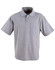 A grey short sleeve polo shirt with a pocket and a logo on the chest.