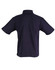 A navy blue pocket short sleeve polo shirt with a back view and a logo.