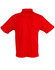 A red short sleeve polo shirt with a collar, featuring a pocket and a logo.