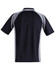 A black polo shirt with grey detailing, featuring a classic collar and short sleeves. It has a logo on the front.