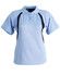 A light blue ladies' polo shirt with black side panels and a collar, featuring a logo on the front.