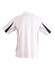 A white short sleeve polo shirt with black side accents and a logo on the back.
