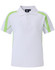 A short-sleeved white polo shirt with green accents and a collar, featuring a logo on the front.