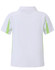 A white kids' polo shirt with green accents on the sides and a collar, featuring a logo.