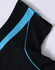 A black polo shirt with a blue trim featured along the collar and shoulder seam. The shirt has a logo on it.
