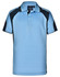 A light blue polo shirt with dark blue accents and a logo on the chest. Features a classic three-button placket.