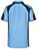 A light blue children's polo shirt featuring dark blue accents and a logo on the front.