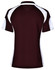 A maroon and white polo shirt featuring a sporty design and a logo on the back.