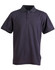 A navy blue men's polo shirt with a collar, short sleeves, and a logo on the side.