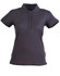 A charcoal grey ladies' polo shirt with a collared neck and short sleeves, featuring a logo.