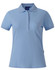 Light blue ladies' polo shirt with a collar and short sleeves. The shirt features a logo on it.