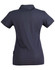 A navy blue ladies' polo shirt with a collared neckline and short sleeves, featuring a logo on the side.