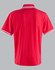 A red polo shirt featuring contrasting stripes on the collar and sleeves, with a logo on the front.
