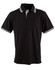 A black polo shirt featuring white stripes on the collar and sleeves, with a three-button placket and a logo.