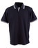 A dark navy polo shirt with a white collar and striped detailing on the sleeves. Features a logo on the chest.