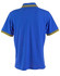 A blue polo shirt with yellow and green striped detailing on the collar and sleeves. It features a logo.